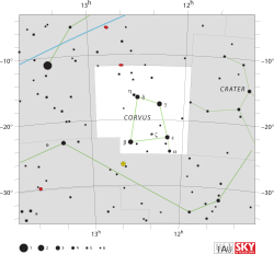 Diagram showing star positions and boundaries of the Corvus constellation and its surroundings