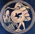 Greek hoplite and Persian warrior depicted fighting, on an ancient kylix, 5th century BC
