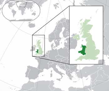 موقع  ويلز  (dark green) – on the European continent  (green & dark grey) – in the United Kingdom  (green)