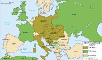 الوفاق الثلاثي (أخضر) وللحلف الثلاثي (بني) في 1914:  المملكة المتحدة  الجمهورية الفرنسية الثالثة  الإمبراطورية الروسية