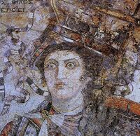 A mosaic from Thmuis (Mendes), Egypt, created by the Hellenistic artist Sophilos (signature) in about 200 BC, now in the Greco-Roman Museum in Alexandria, Egypt; the woman depicted is the Ptolemaic Queen Berenice II (who ruled jointly with her husband Ptolemy III) as the personification of Alexandria.[15]