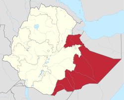 خريطة إثيوپيا موضع عليها إقليم صومالي.