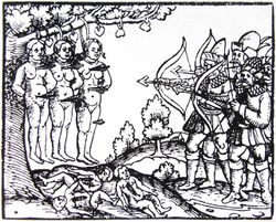 Printed woodcarving showing archers using hanged naked women as target practice. Beneath them lie the bodies of children, cut open.