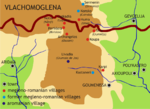 يمين: المناطق السانية المگلونية-الرومانية والأرومانية. يسار: خريطة المستوطنات المگلونية-الرومانية.