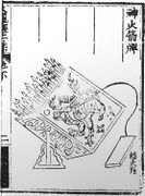 The 'divine fire arrow screen' from the Huolongjing. A stationary arrow launcher that carries one hundred fire arrows. It is activated by a trap-like mechanism, possibly of wheellock design.