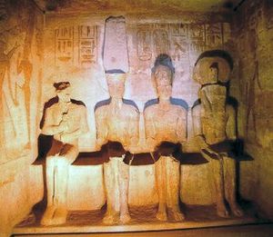 Sunlight reaches Sanctuary of Ptah, Amun-Re, Ramesses II and Ra-Harakhte in Abu Simbel in Feb 21 and Oct 22.jpg