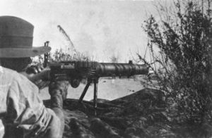 A soldier lies amongst the grass in the prone position behind a machine gun which he is holding in the shoulder.