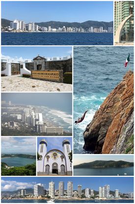 Top, from left to right: Acapulco Bay, The Huntress Diana Fountain, Fort of San Diego, the tourist area of Acapulco Diamante, the bay of Puerto Marques, Our Lady of Solitude Cathedral, La Quebrada, the Island of La Roqueta and panoramic view of the bay.