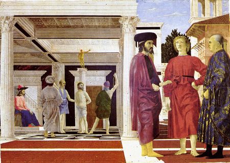 Rectangular panel painting. The composition is divided in two, with an interior scene and an exterior scene. To the left, the pale, brightly-lit figure of Jesus stands tied to a column while a man whips him. The ruler sits to the left on a throne. The building is Ancient Roman in style. To the right, two richly-dressed men and a barefooted youth stand in a courtyard, much closer to the viewer, so appearing larger.