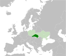 Galicia (dark green) juxtaposed with modern-day Poland and Ukraine (light green)