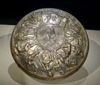 Shallow bowl, probably from Afghanistan (said to have been discovered in northwestern India), Sasanian period, 5th-7th century CE.[45]