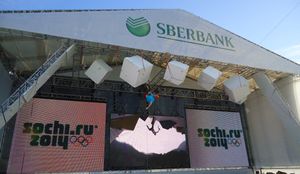 Presentation of ice climbing in the Olympic Park of Sochi at the 2014 Winter Olympics, sponsored by Sberbank