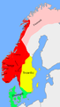Unified Norway during the reign of Saint Olav ca. 1020 AD. In pale red the Finnmarken ("Marches of the Sami") most of which paid tribute to the kings of Norway.