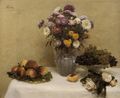White Roses, Chrysanthemums in a Vase, Peaches and Grapes on a Table with a White Tablecloth, 1867.