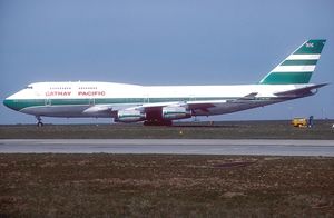 The Cathay Pacific Boeing 747-400 VR-HOR in the Green lettuce livery with Union Flag taxing at Paris Charles de Gaulle International Airport (CDG / LFPG) in May 1993. This was prior to the 1997 handover.