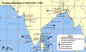 A map of the Indian subcontinent depicting the المستوطنات الأوروپية في الهند في الفترة من 1501 حتى 1739