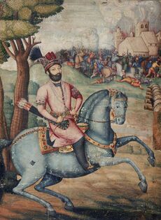 Nadir Shah at the sack of Delhi - Battle scene with Nader Shah on horseback, possibly by Muhammad Ali ibn Abd al-Bayg ign Ali Quli Jabbadar, mid-18th century, Museum of Fine Arts, Boston.jpg