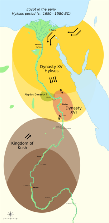 الوضع السياسي في الفترة الانتقالية الثانية بمصر (ح. 1650 — ح. 1550 ق.م.) طيبة احتلها الهكسوس لفترة وجيزة حوالي 1580 ق.م.