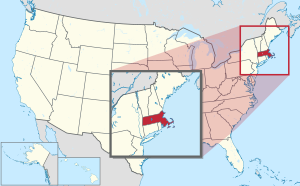 خريطة الولايات المتحدة، موضح فيها مساتشوستس Massachusetts
