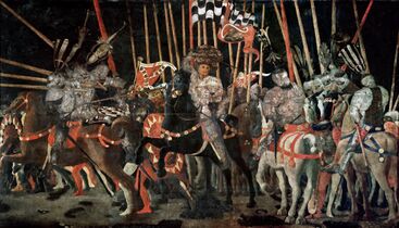 The Counterattack of Michelotto da Cotignola at the Battle of San Romano (1455ح. 1455), wood panel, 182 × 317 cm, متحف اللوڤر، پاريس