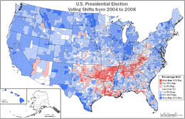 Voting shifts per county from the 2004 to the 2008 election. Darker blue indicates the county voted more Democratic. Darker red indicates the county voted more Republican.