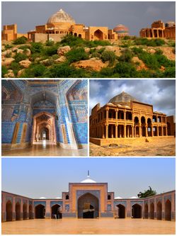 Clockwise from top: View of the Makli Necropolis, Tomb of Isa Khan Hussain at the necropolis, exterior and interior views of the Shah Jahan Mosque