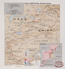 Map of the western China-USSR border showing the Pamir area (41,000 km2 (16,000 sq mi)) claimed by China. "This section shown as 'Indefinite' on Chinese maps, 'Definite' on Russian maps. Based on 1895 Anglo-Russian treaty." (1977)