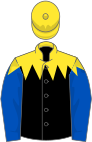 Black, yellow spiked yoke, royal blue sleeves, yellow cap