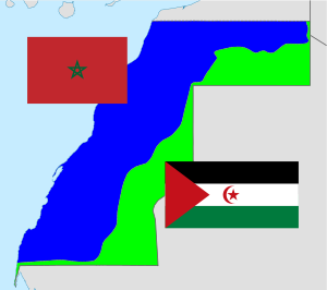 خريطة الصحراء الغربية، وتظهر مناطق سيطرة المغرب بالأزرق. ومناطق سيطرة جبهة البوليسارو بالأخضر.