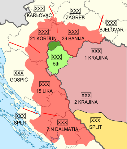 خريطة لناطقات مسئولية فيالق الجيش الكرواتي وجيش جمهورية كرايينا الصربية في 4 أغسطس 1995
