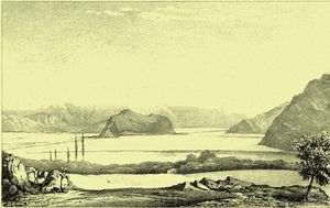 Drawing of lakes surrounded by mountains