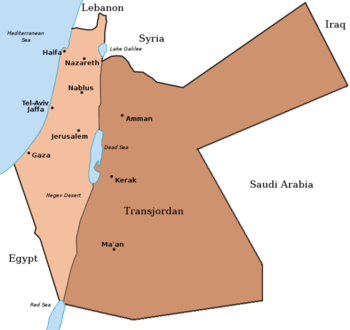 قطاعا الانتداب البريطاني على فلسطين المكونان لعبر الأردن باللون البني.