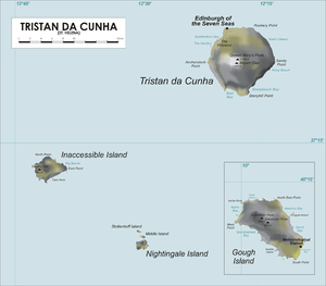 خريطة توضح الجزيرة التي لا يمكن الوصول إليها وجزر تريستان دا كونيا والعندليب المجاورة.