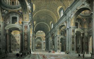 A very detailed painting of a vast church interior. The high roof is arched. The walls and piers which support the roof are richly decorated with moulded cherubim and other sculpture interspersed with floral motifs. Many people are walking in the church. They look tiny compared to the building.