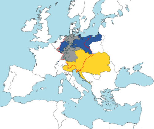 خريطة أوروبا توضح المناطق ذات الأغلبية الناطقة بالألمانية والنمسا (دولة متعددة القوميات واللغات)