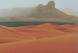 صحراء النفود على مشارف الرياض حيث يظهر جبل طويق في الخلفية.