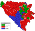 The front lines in 1993, while HVO (blue) was still allied with the Bosniaks (Bosnian Muslims) (green)