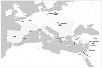 Map of the spread of Neolithic farming cultures from the Near-East to Europe, with dates.