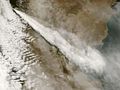 Ash cloud from the 2008 eruption of Chaitén volcano stretching across Patagonia into San Jorge Basin in the Atlantic Ocean