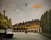 View of the Bridge in Sevres and the Hills of Clamart, Saint-Cloud and Bellevue with biplane, balloon and dirigible, 1908, Pushkin Museum of Fine Arts
