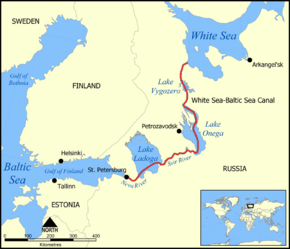 خريطة الممر المائي بين البحر الأبيض والبلطيق، بما فيها أنهار نيڤا وسڤير والقناة.