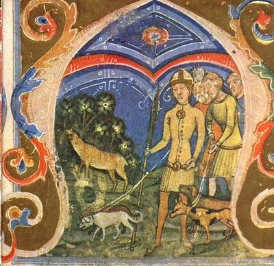 Chronicon Pictum, Hungarian, Hun, miraculous deer, hunting, Scythian, Hunor, Magor, scepter, medieval, chronicle, book, illumination, illustration, history