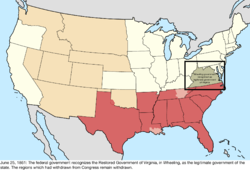 Map of the change to the United States in central North America on June 25, 1861