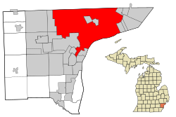 Detroit covers most of the northeast part of Wayne County, which in turn is in the far southeast of Michigan.