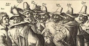 A monochrome sketch of eight men, in 17th-century dress. All have beards, and all appear to be engaged in discussion