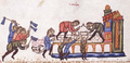 Workers building a palace find a marble ox head (Fol. 141v, top)