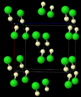 The structure of solid DCl, as determined by neutron diffraction of DCl powder at 77 K. DCl was used instead of HCl because the deuterium nucleus is easier to detect than the hydrogen nucleus. The "infinite" chains of DCl are indicated by the dashed lines.