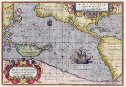 Maris Pacifici by Ortelius (1589). One of the first printed maps to show the Pacific Ocean[31]