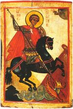 Red was the traditional color of martyrs. A Russian icon of Saint George (14th c.).