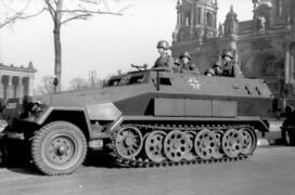 German World War II-era SdKfz 251 military halftrack, with overlapped interleaved wheels and "slack track"